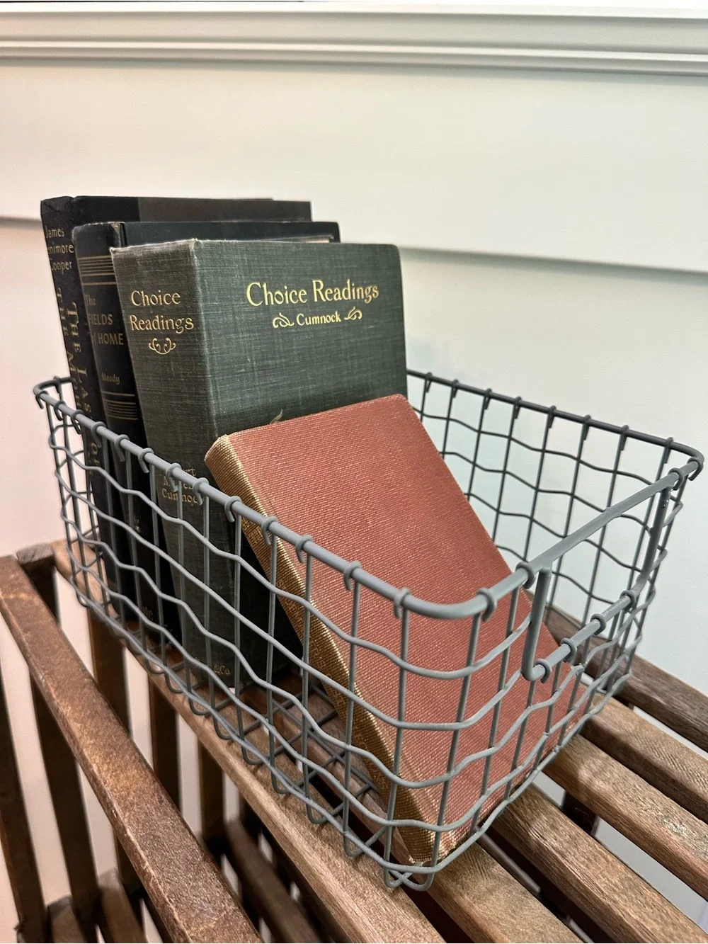 Gray Wire Storage Basket with 4 Vintage Books Home Accents Decor